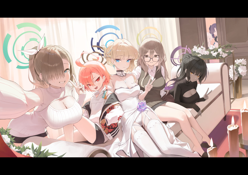 6+girls absurdres ahoge akane_(blue_archive) asuna_(blue_archive) black-framed_eyewear black_hair black_shorts black_sweater black_vest blonde_hair blue_archive blue_eyes blue_halo blush braid breasts brown_eyes candle cleaning_&amp;_clearing_(blue_archive) cleavage closed_mouth collared_shirt dark-skinned_female dark_skin door dress flower glasses green_halo grey_hair grin hair_over_one_eye halo highres hood hoodie huge_ahoge indoors jacket karin_(blue_archive) large_breasts light_brown_hair long_hair long_sleeves multiple_girls neru_(blue_archive) noa_(blue_archive) open_clothes open_jacket open_mouth ponytail purple_hair purple_halo red_eyes red_hair shirt short_hair shorts single_braid smile sukajan sweater thighhighs toki_(blue_archive) v vest white_dress white_flower white_hoodie white_shirt white_sweater white_thighhighs yarn_(yarn_03) yellow_eyes yuuka_(blue_archive)