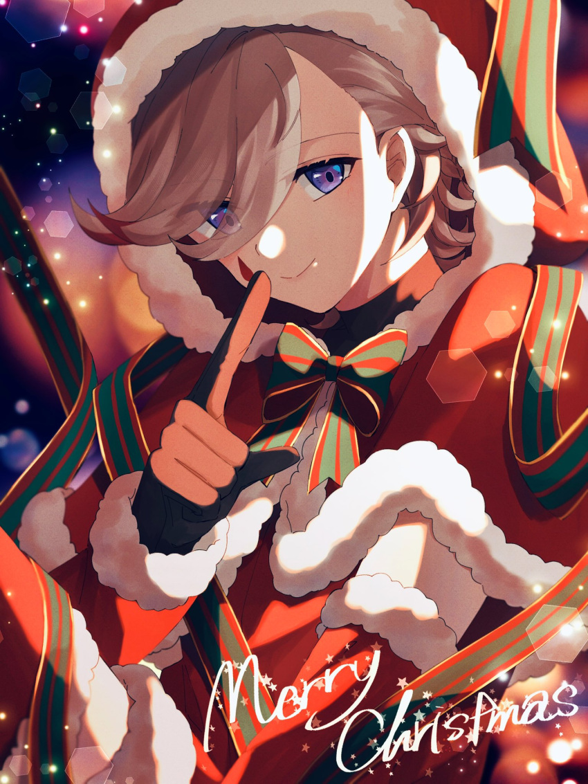 1boy alternate_costume bishounen black_gloves fur_trim genshin_impact gloves grey_hair highres lyney_(genshin_impact) male_focus merry_christmas nekorin_chu purple_eyes red_ribbon ribbon santa_costume short_hair snow solo teardrop_tattoo upper_body