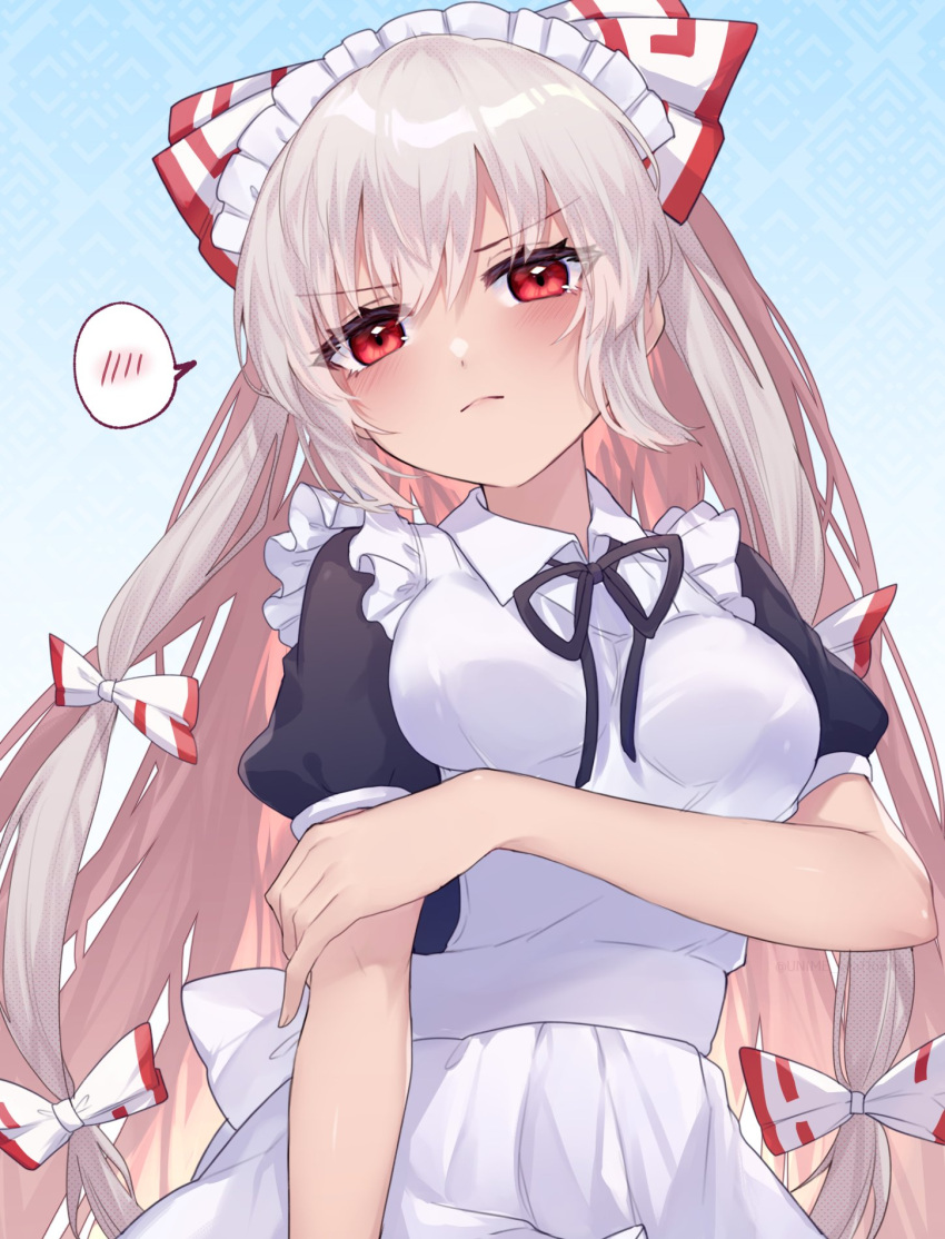 1girl apron black_dress blue_background bow breasts dress embarrassed fujiwara_no_mokou hair_bow highres long_hair maid maid_apron maid_day maid_headdress multiple_hair_bows red_eyes solo spoken_blush touhou unime_seaflower very_long_hair white_apron white_hair white_headdress