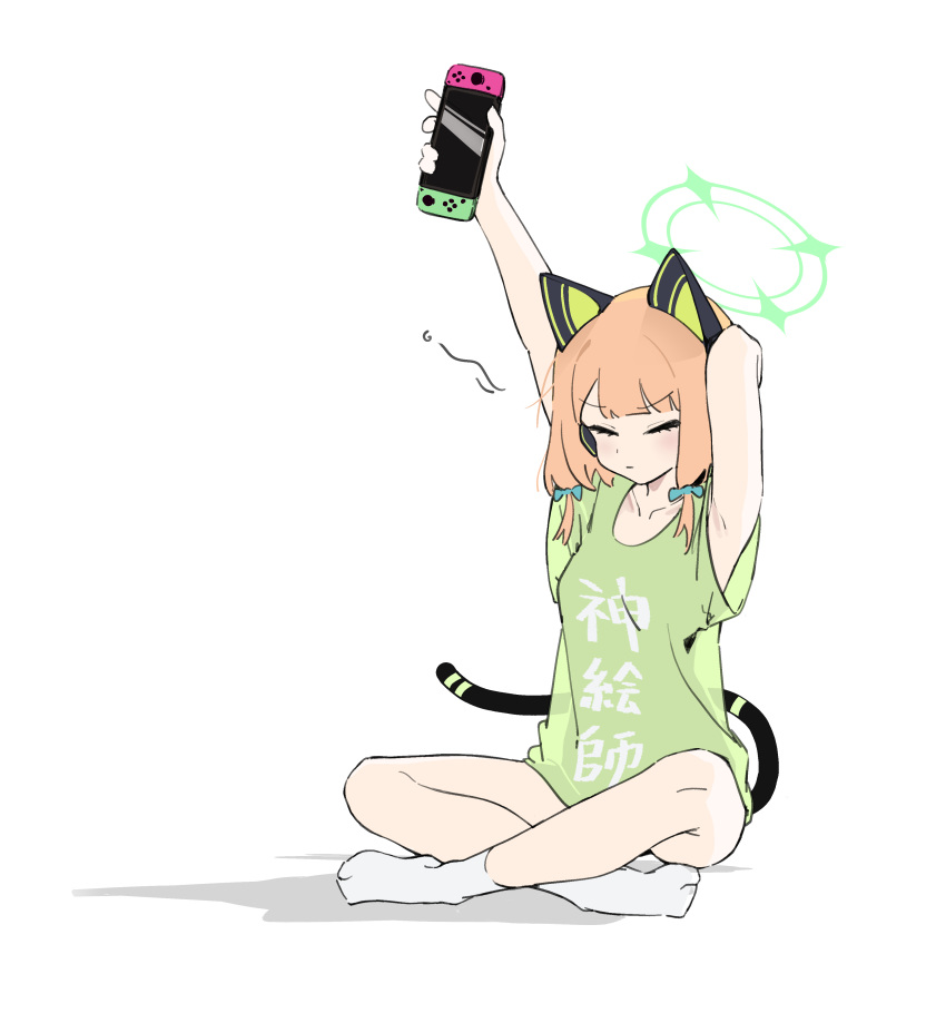 1girl absurdres animal_ear_headphones animal_ears blue_archive blue_bow blush bow cat_ear_headphones closed_eyes closed_mouth clothes_writing fake_animal_ears full_body green_shirt hair_bow halo handheld_game_console headphones highres holding holding_handheld_game_console mark_jin midori_(blue_archive) nintendo_switch orange_hair shirt short_sleeves simple_background sitting socks solo stretching tail white_background