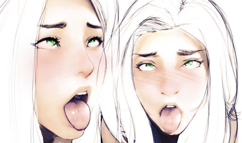 1girl ahegao blush chun-li close-up cum cum_in_mouth diathorn green_eyes highres multiple_views open_mouth rolling_eyes sketch solo street_fighter teeth tongue tongue_out upper_teeth_only white_hair