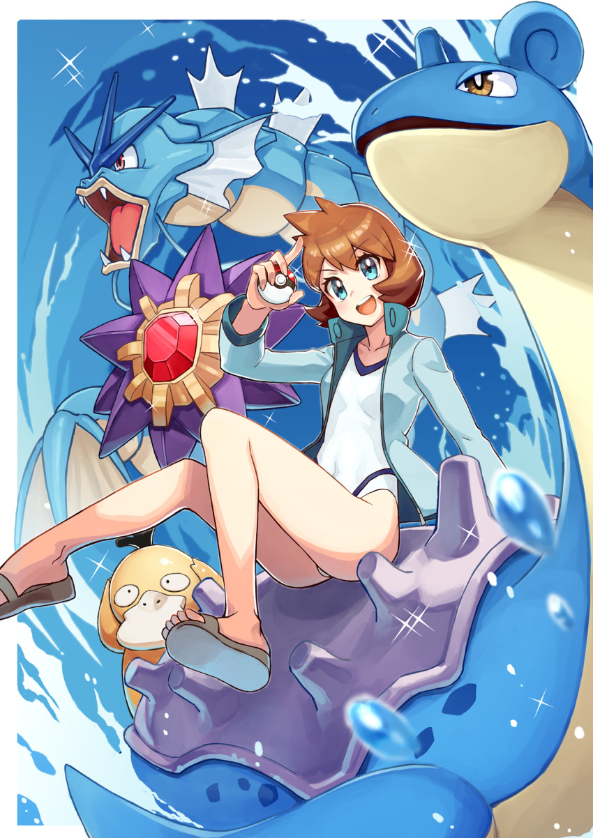 1girl :d bangs blue_eyes blurry brown_hair collarbone commentary_request covered_navel eyelashes gen_1_pokemon gyarados gym_leader highres holding holding_poke_ball inomata_konomu jacket lapras md5_mismatch misty_(pokemon) one-piece_swimsuit open_clothes open_jacket open_mouth poke_ball poke_ball_(basic) pokemon pokemon_(creature) pokemon_(game) pokemon_hgss psyduck riding riding_pokemon sandals shiny shiny_hair short_hair smile sparkle starmie swimsuit toes tongue upper_teeth water water_drop white_swimsuit