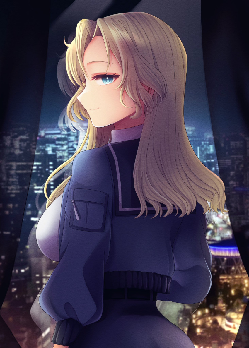 1girl back black_skirt blonde_hair blue_eyes blush breasts city curtains highres hornet_(kancolle) indoors jacket kantai_collection large_breasts long_hair looking_at_viewer nagi_kantai114 necktie night pencil_skirt shirt skirt solo upper_body white_shirt window