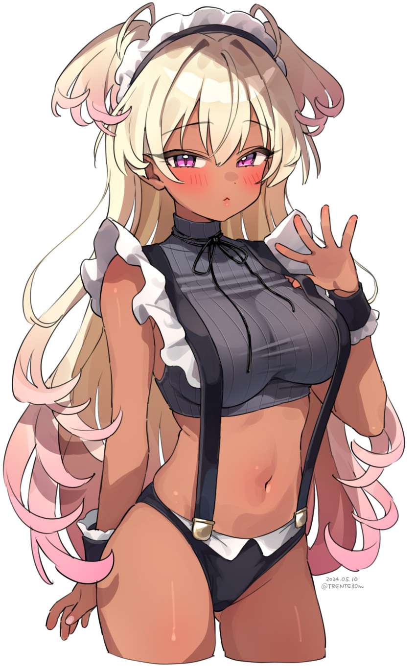 1girl black_panties black_ribbon blonde_hair blush breasts commentary_request copyright_request crop_top cropped_legs dark-skinned_female dark_skin dated gradient_hair hair_between_eyes hand_up highres large_breasts long_hair looking_at_viewer maid_headdress midriff multicolored_hair navel neck_ribbon panties pink_hair purple_eyes ribbon shirt simple_background sleeveless sleeveless_shirt solo standing suspenders trente twitter_username two_side_up underwear white_background wrist_cuffs