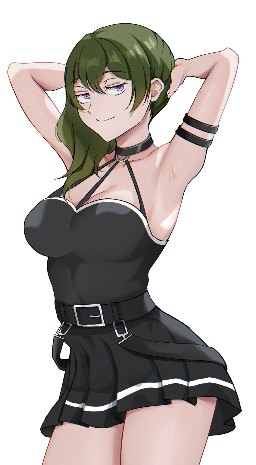 1girl absurdres arm_strap armpits arms_up belt black_belt black_choker black_shirt black_skirt breasts choker cleavage closed_mouth collarbone cowboy_shot fiftya green_hair high_side_ponytail highres medium_breasts miniskirt pleated_skirt purple_eyes shirt simple_background skirt sleeveless sleeveless_shirt solo sousou_no_frieren suspenders ubel_(sousou_no_frieren) white_background