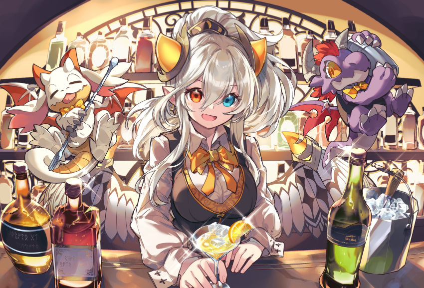 1girl absurdres alcohol bar_(place) bar_stool bartender bottle cocktail cocktail_glass cup dragon dragon_girl dragon_horns dragon_wings drinking_glass heterochromia highres horns ideal_(p&amp;d) kuuron_(moesann17) liquor puzzle_&amp;_dragons solo stool waistcoat whiskey wine_bottle wings