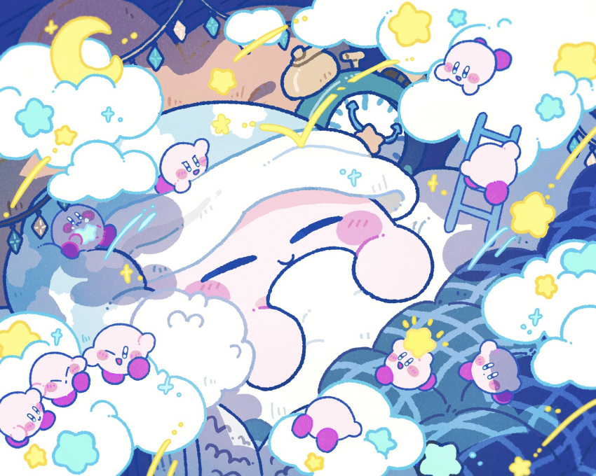 :o alarm_clock blue_eyes blue_hat blush_stickers climbing clock clone closed_eyes closed_mouth cloud colored_skin commentary_request copy_ability crescent_moon harukui hat highres holding holding_hands holding_star kirby kirby_(series) ladder moon nightcap no_humans on_bed one_eye_closed pillow pink_skin red_footwear shoes sleep_kirby sleeping smile star-shaped_pillow star_(symbol) star_print under_covers