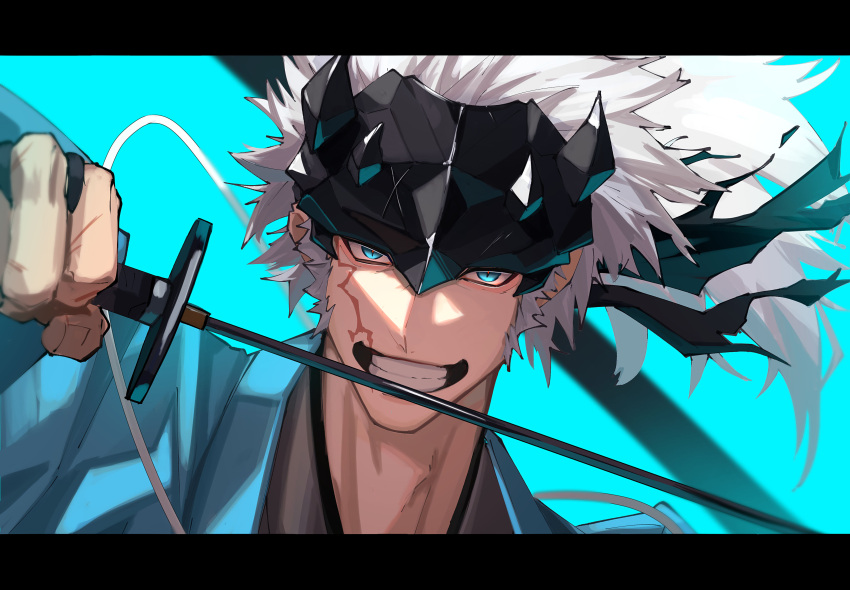 1boy absurdres blue_eyes fate/grand_order fate_(series) grey_hair grin hair_slicked_back haruakira highres holding holding_sword holding_weapon katana long_hair looking_at_viewer male_focus nagakura_shinpachi_(fate) ponytail portrait scar scar_on_cheek scar_on_face shinsengumi smile solo spiked_headband sword weapon white_hair