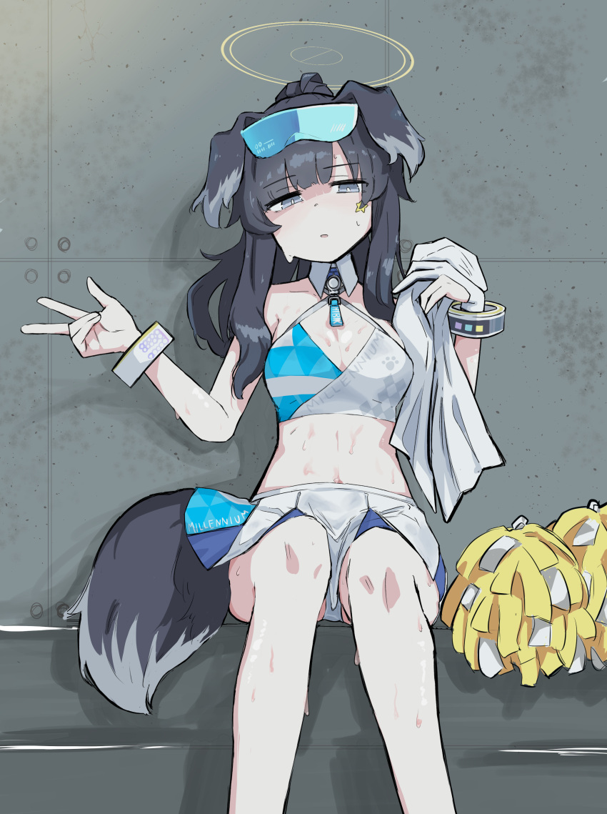 1girl absurdres animal_ears bangle bare_shoulders black_hair blue_archive blue_eyes blush bracelet breasts cheerleader dog_ears dog_girl dog_tail eyewear_on_head gloves halo hibiki_(blue_archive) hibiki_(cheer_squad)_(blue_archive) highres jewelry looking_at_viewer midriff millennium_cheerleader_outfit_(blue_archive) navel official_alternate_costume pom_pom_(cheerleading) sitting skirt small_breasts solo sports_bra star_sticker sticker_on_face stomach sweat tail user_rghg2872 v wet yellow_halo