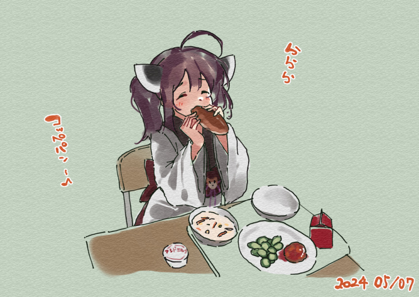 1girl ^_^ ahoge blush bread brown_hair chair closed_eyes commentary_request dated eating facing_viewer food food_request green_background headgear holding holding_food japanese_clothes kimono lamb_(hitsujiniku) long_sleeves on_chair plate sitting solo table touhoku_kiritan translation_request twintails upper_body voiceroid white_kimono wide_sleeves