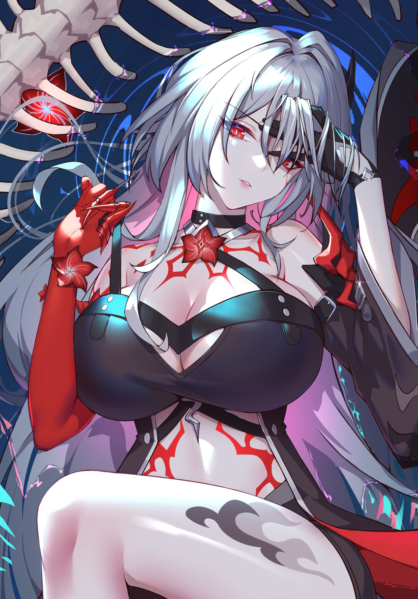 1girl absurdres acheron_(honkai:_star_rail) bare_shoulders black_choker breasts choker cleavage commentary_request detached_sleeves flower head_tilt highres honkai:_star_rail honkai_(series) large_breasts leg_tattoo long_hair looking_at_viewer midriff misheng_liu_yin official_alternate_color parted_lips red_eyes red_flower short_sleeves solo stomach tattoo thighs very_long_hair white_hair