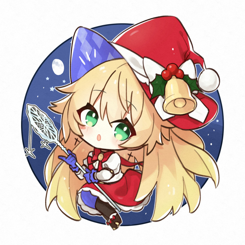 1girl akutaa azur_lane bell blonde_hair chibi christmas earrings green_eyes hat highres holly holly_hat_ornament ice jewelry le_temeraire_(azur_lane) scepter solo wizard