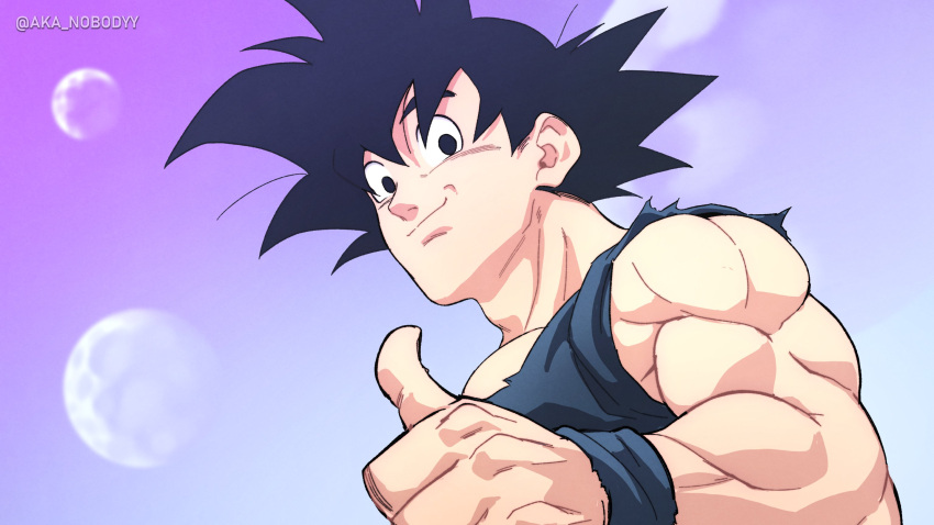 1boy aka_nobodyy black_eyes black_hair dragon_ball dragon_ball_z full_moon goku_day highres looking_at_viewer male_focus medium_hair moon multiple_moons muscular muscular_male smile solo son_goku spiked_hair thumbs_up upper_body