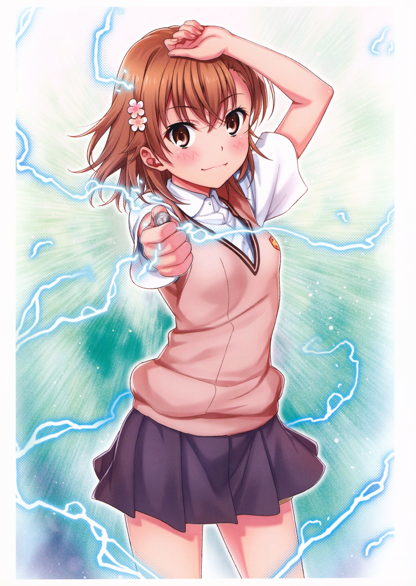 1girl absurdres aiming aiming_at_viewer arm_up blush breasts brown_eyes brown_hair brown_sweater_vest closed_mouth coin cowboy_shot electricity electrokinesis emblem fingernails grey_skirt hair_ornament highres holding holding_coin incoming_attack isshi_pyuma lightning lips looking_at_viewer medium_hair misaka_mikoto non-web_source pleated_skirt railgun_(misaka_mikoto) school_emblem school_uniform shirt short_sleeves skirt small_breasts solo summer_uniform sweater_vest toaru_kagaku_no_railgun toaru_majutsu_no_index tokiwadai_school_uniform vest white_shirt