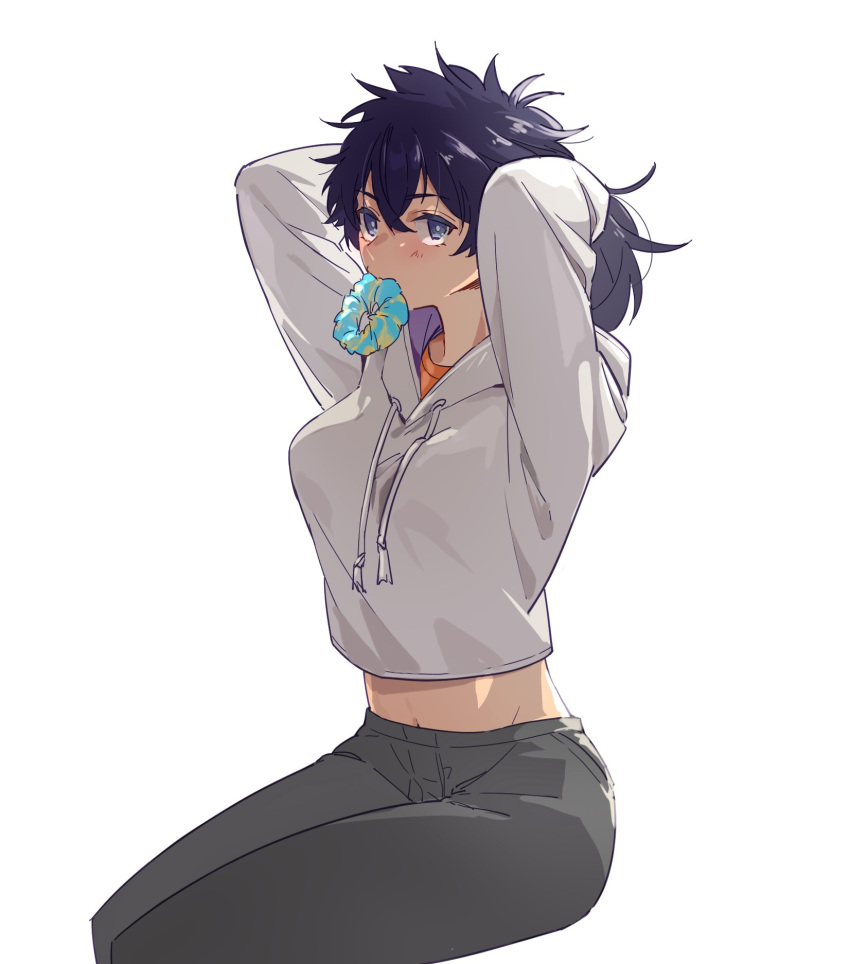 1girl arms_up black_eyes black_hair black_pants blue_scrunchie blush genderswap genderswap_(mtf) hair_between_eyes hair_ornament hair_scrunchie hair_tie_in_mouth highres hood hoodie kamijou_touka_(toaru_majutsu_no_index) kamijou_touma long_hair long_sleeves midriff mouth_hold navel orange_shirt pants scrunchie shirt simple_background sitting solo t-shirt toaru_majutsu_no_index toaru_majutsu_no_index:_new_testament tobe! tying_hair white_background white_hoodie