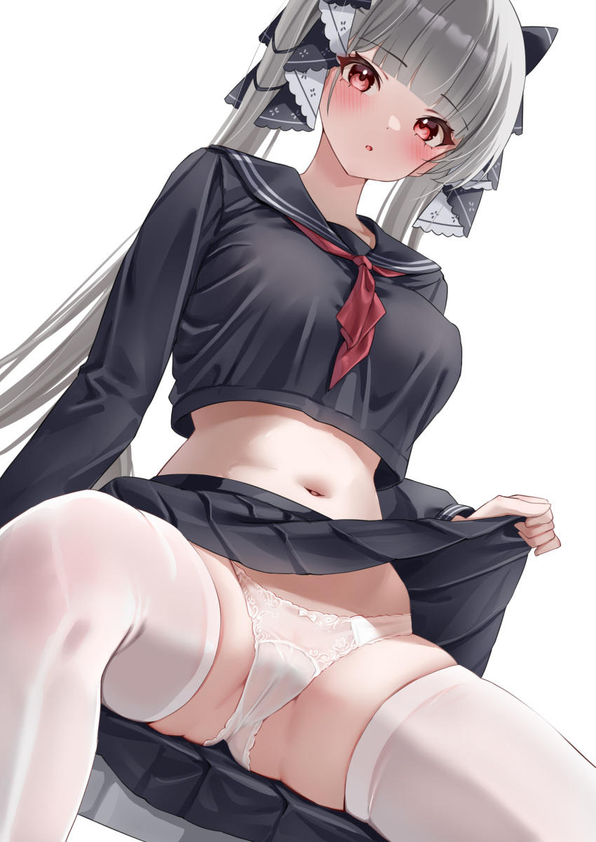 1girl absurdres ass_visible_through_thighs azur_lane black_sailor_collar black_serafuku black_shirt blush breasts classic_(zildjian33) clothes_lift cropped_shirt formidable_(azur_lane) formidable_(the_lover's_heart_flutters_on_duty)_(azur_lane) grey_hair groin hair_ornament highres large_breasts lifted_by_self long_hair long_sleeves looking_at_viewer midriff navel neckerchief official_alternate_costume open_mouth paid_reward_available panties pleated_skirt red_eyes red_neckerchief sailor_collar school_uniform serafuku shirt simple_background sitting skindentation skirt skirt_hold skirt_lift solo spread_legs stomach thighhighs thighs twintails underwear white_background white_panties white_thighhighs