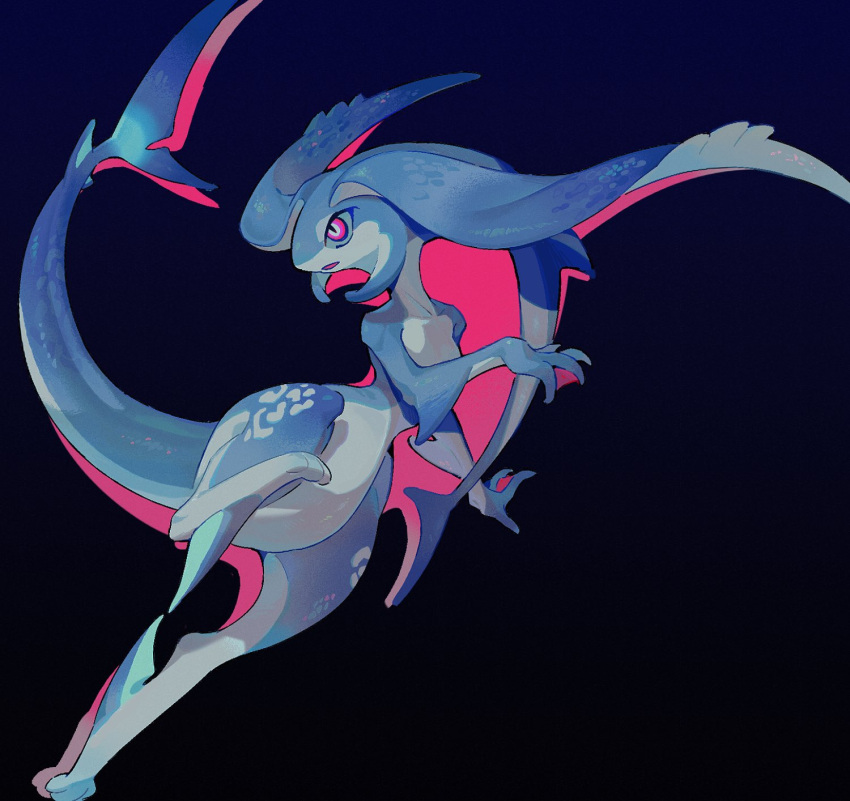 animal_focus arm_fins blue_background blue_sclera blue_skin bul_(moiko) collarbone colored_sclera colored_skin creature fewer_digits fins fish_tail from_side full_body head_fins highres no_humans open_mouth original pink_eyes shark_tail simple_background slit_pupils solo tail