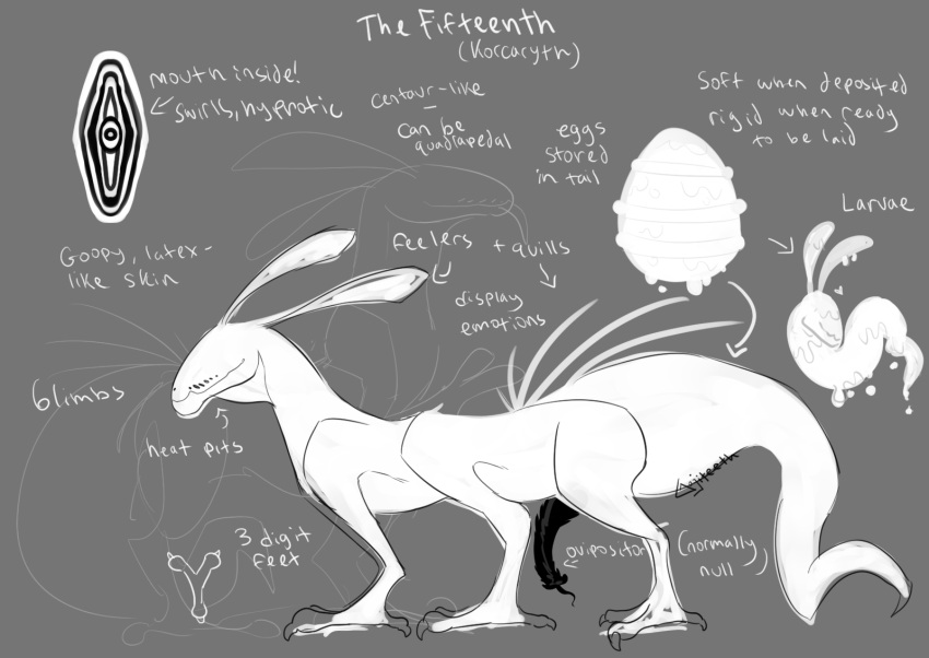 2021 3_toes alien antennae_(anatomy) claws colored_sketch digital_drawing_(artwork) digital_media_(artwork) digitigrade directional_arrow dripping egg english_text eyeless feet feral flat_colors gojiteeth grey_background handwritten_text hexapod hi_res model_sheet mouth_shot open_mouth ovipositor pit_organ quills_(anatomy) signature simple_background sketch slime snout solo species_sheet standing tail text the_fifteenth thick_tail toes white_body white_text