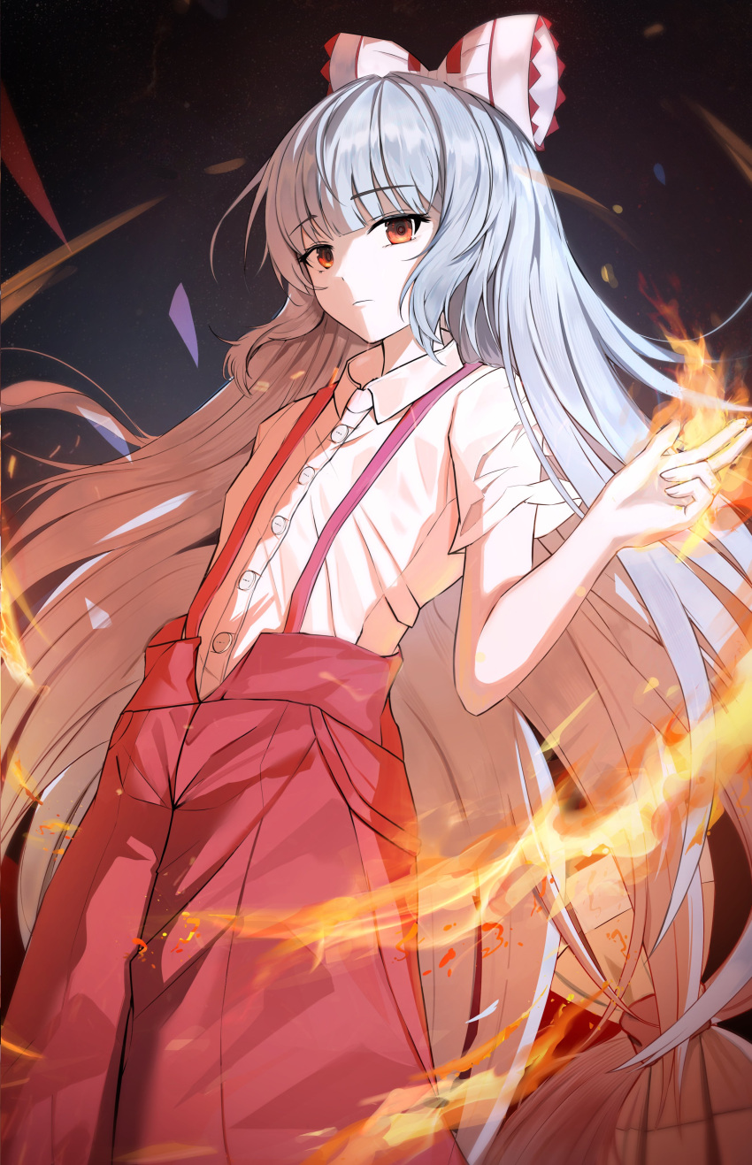 1girl absurdres bow buttons closed_mouth collared_shirt commentary_request dark_background dress_shirt expressionless feet_out_of_frame fire fujiwara_no_mokou grey_hair hair_bow hand_up highres long_hair looking_at_viewer orange_eyes pants pyrokinesis red_bow red_pants rei_yagami shirt short_sleeves solo standing suspenders touhou very_long_hair white_bow white_shirt