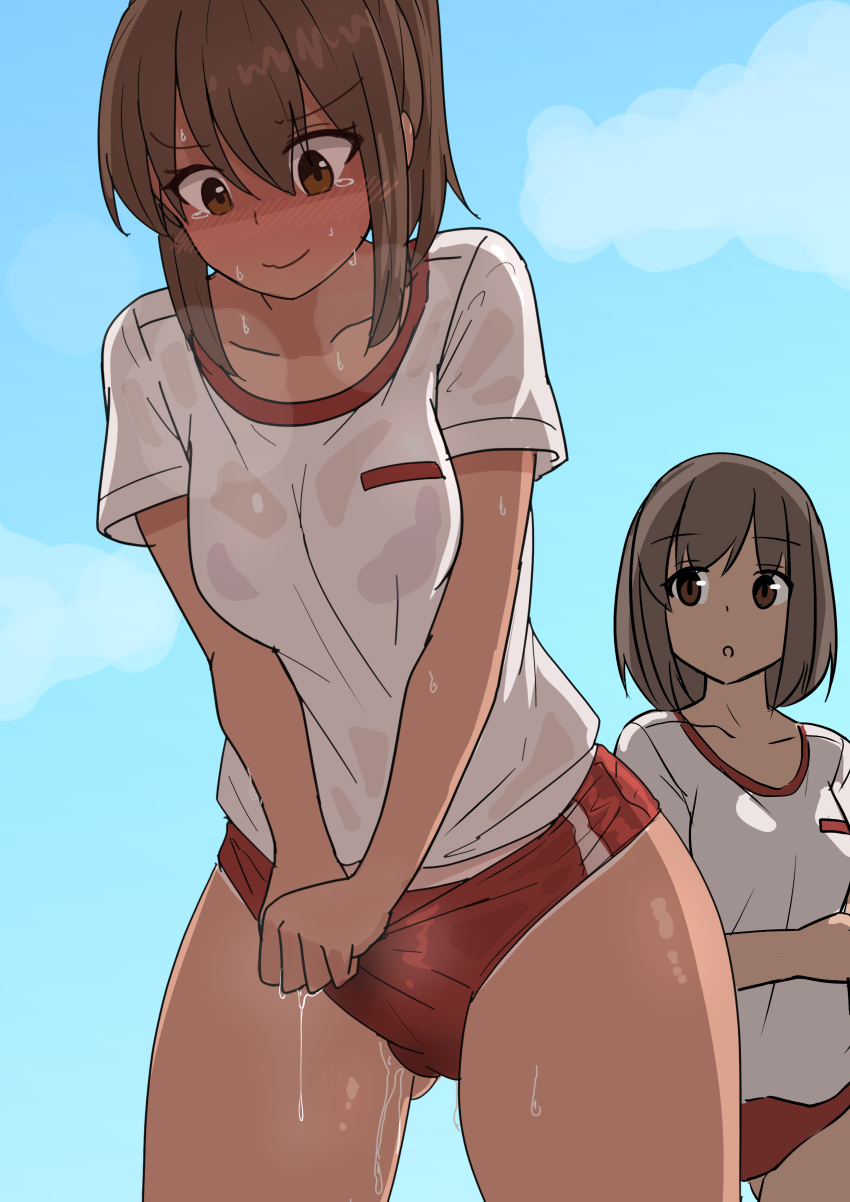 2girls absurdres ass_visible_through_thighs blue_sky blush breasts brown_hair bulge buruma closed_mouth cloud collarbone commentary_request cowboy_shot dot_nose erection erection_under_clothes gym_uniform hair_between_eyes highres looking_at_another medium_breasts medium_hair multiple_girls open_mouth original outdoors precum public_indecency shiwa_kou short_sleeves sidelocks sky smile sweat