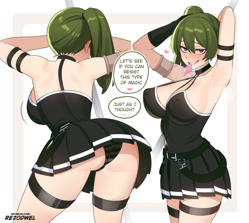 1girl arm_strap armpits arms_up artist_name ass bare_shoulders black_dress breasts choker condom condom_in_mouth covered_nipples dress english_commentary green_hair grin hair_between_eyes large_breasts long_hair looking_at_viewer mouth_hold panties patreon_username purple_eyes rezodwel side_ponytail simple_background smile solo sousou_no_frieren striped_clothes striped_panties ubel_(sousou_no_frieren) underwear web_address white_background