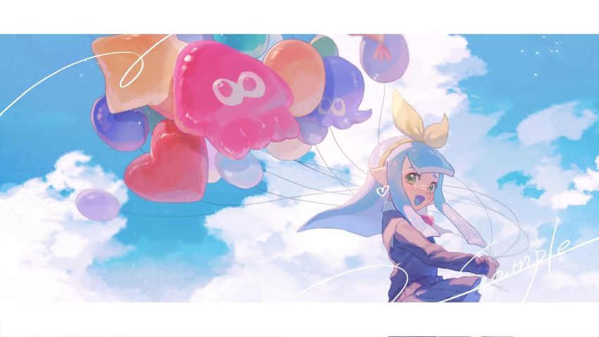 1girl :d balloon black_cardigan black_skirt blue_hair blue_sky blue_tongue blunt_bangs blunt_ends bow bow_hairband cardigan chinese_commentary cloud cloudy_sky collared_shirt colored_tongue commentary_request from_side green_eyes hair_bow hairband happy heart heart_balloon highres holding holding_balloon inkling inkling_girl inkling_player_character letterboxed long_hair long_sleeves open_mouth pleated_skirt pointy_ears rrreunion4 sample_watermark school_uniform shirt sidelocks skirt sky smile solo splatoon_(series) star_balloon tentacle_hair too_many_balloons watermark white_shirt yellow_bow yellow_hairband