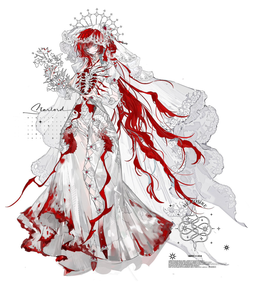 1girl artist_name blood blood_on_clothes blue_eyes bouquet bow bridal_veil dress dress_bow flower full_body halo halo_behind_head highres holding holding_bouquet juliet_sleeves lace-trimmed_veil lace_trim long_hair long_sleeves looking_at_viewer original puffy_sleeves red_footwear red_hair red_nails s_xing_guowang shoes simple_background smile solo standing veil watermark wedding_dress white_background white_dress white_flower white_veil