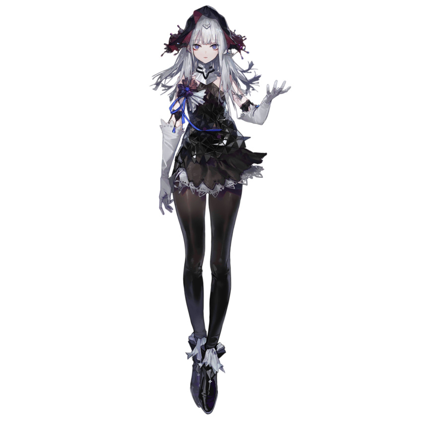 1girl ankle_boots artist_request bare_shoulders black_dress black_footwear black_pantyhose black_veil blue_eyes blue_ribbon boots closed_mouth dress elbow_gloves expressionless eyeshadow full_body girls'_frontline glove_garter gloves hair_ornament hand_up headgear highres layered_dress long_hair looking_at_viewer makeup nyto_(girls'_frontline) official_art open_hand pantyhose paradeus red_eyeshadow ribbon sana_(boss)_(girls'_frontline) sana_(girls'_frontline) shoulder_ribbon simple_background solo spoilers third-party_source transparent_background triangular_pattern usekh_collar veil white_gloves white_hair