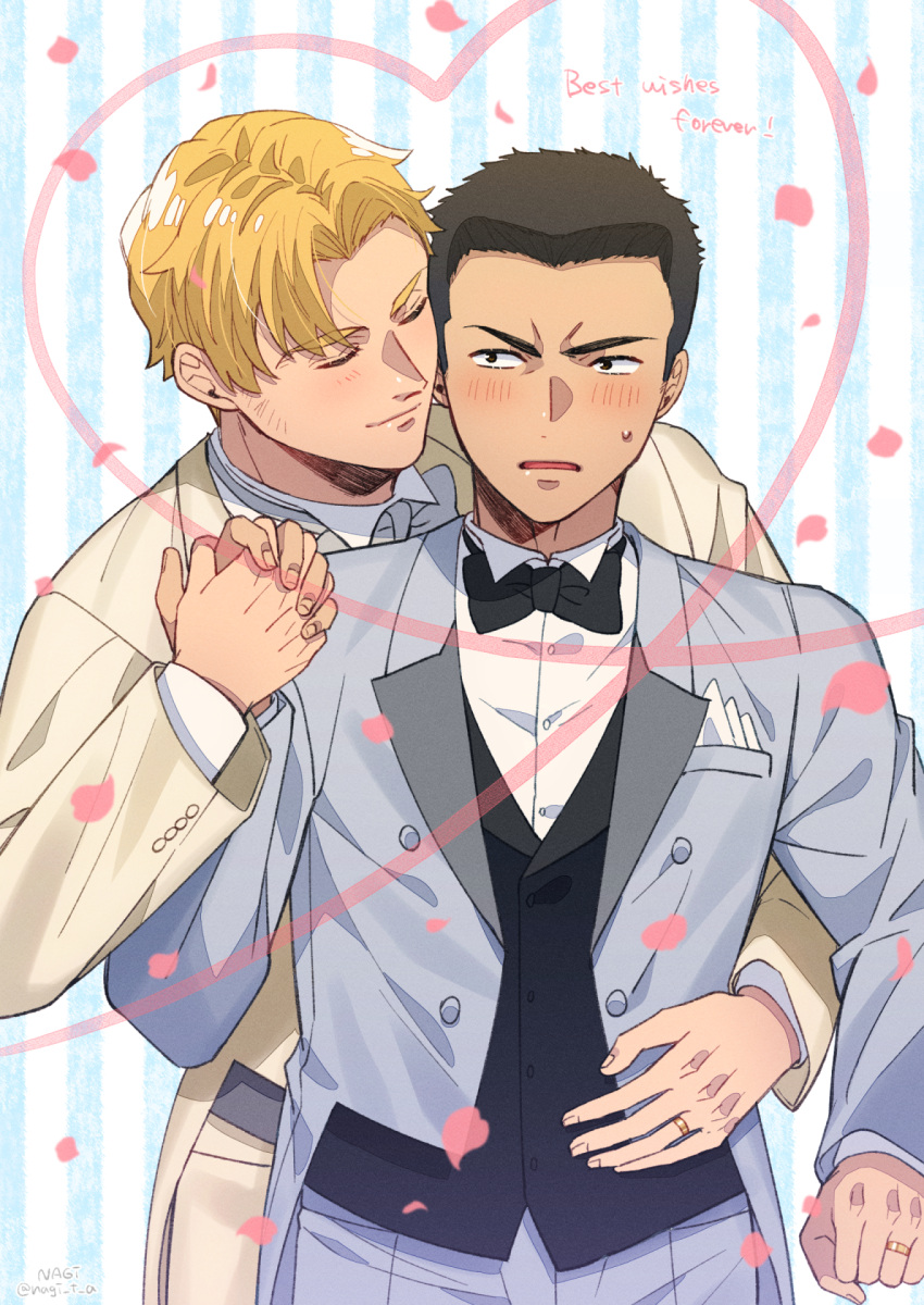 2boys ao_isami black_hair blonde_hair blush bow bowtie closed_eyes cowboy_shot english_text falling_petals hand_on_another's_waist heart highres hug hug_from_behind interlocked_fingers jewelry lewis_smith looking_at_another male_focus multiple_boys nagita_(nagi) nervous_sweating petals ring shirt short_hair sweat tailcoat wedding wedding_ring white_shirt yuuki_bakuhatsu_bang_bravern