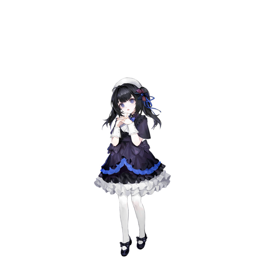 1girl :o ahoge artist_request black_bow black_dress black_footwear black_hair blue_bow blue_bowtie blue_dress blue_eyes blue_ribbon bow bowtie dress footwear_bow frilled_dress frills full_body girls'_frontline hair_bow hair_ribbon hat headwear_request highres interlocked_fingers layered_dress lolita_fashion long_hair looking_at_viewer mary_janes official_art open_mouth own_hands_together pantyhose ribbon sana_(girls'_frontline) shoes short_sleeves simple_background solo standing third-party_source transparent_background twintails white_dress white_hat white_pantyhose white_wrist_cuffs wrist_cuffs