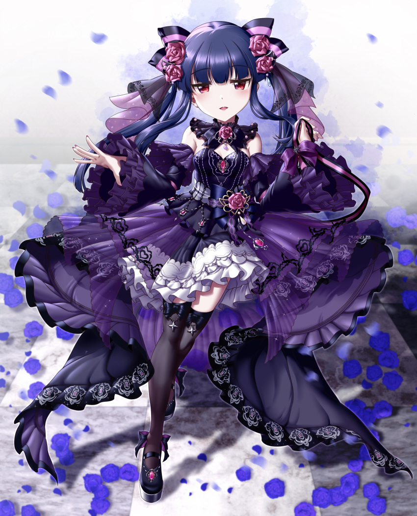 1girl absurdres black_thighhighs blue_flower blue_hair blue_rose blush breasts detached_sleeves dress flower full_body gherehg hair_flower hair_ornament highres idolmaster idolmaster_cinderella_girls long_hair looking_at_viewer open_mouth purple_dress red_eyes rose sajo_yukimi small_breasts smile solo thighhighs twintails zettai_ryouiki