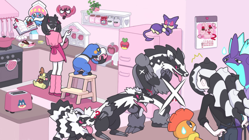 1boy 1girl alcremie alternate_costume apron black_hair book bowl brother_and_sister calendar_(object) commentary_request cookbook cooking croagunk dress galarian_form galarian_linoone galarian_zigzagoon gen_2_pokemon gen_4_pokemon gen_5_pokemon gen_6_pokemon gen_8_pokemon gym_leader hair_ribbon highres holding holding_bowl holding_plate hoppip impidimp indoors inkay jar kneehighs ladder long_hair looking_to_the_side marnie_(pokemon) mixing_bowl multicolored_hair nyaasechan obstagoon oven pale_skin piers_(pokemon) pink_dress pink_legwear plate pokemon pokemon_(creature) pokemon_(game) pokemon_swsh purple_apron purrloin red_ribbon refrigerator ribbon scrafty shelf shirt siblings slippers spatula standing stepladder toaster toxtricity toxtricity_(low_key) two-tone_hair waist_apron washing white_hair