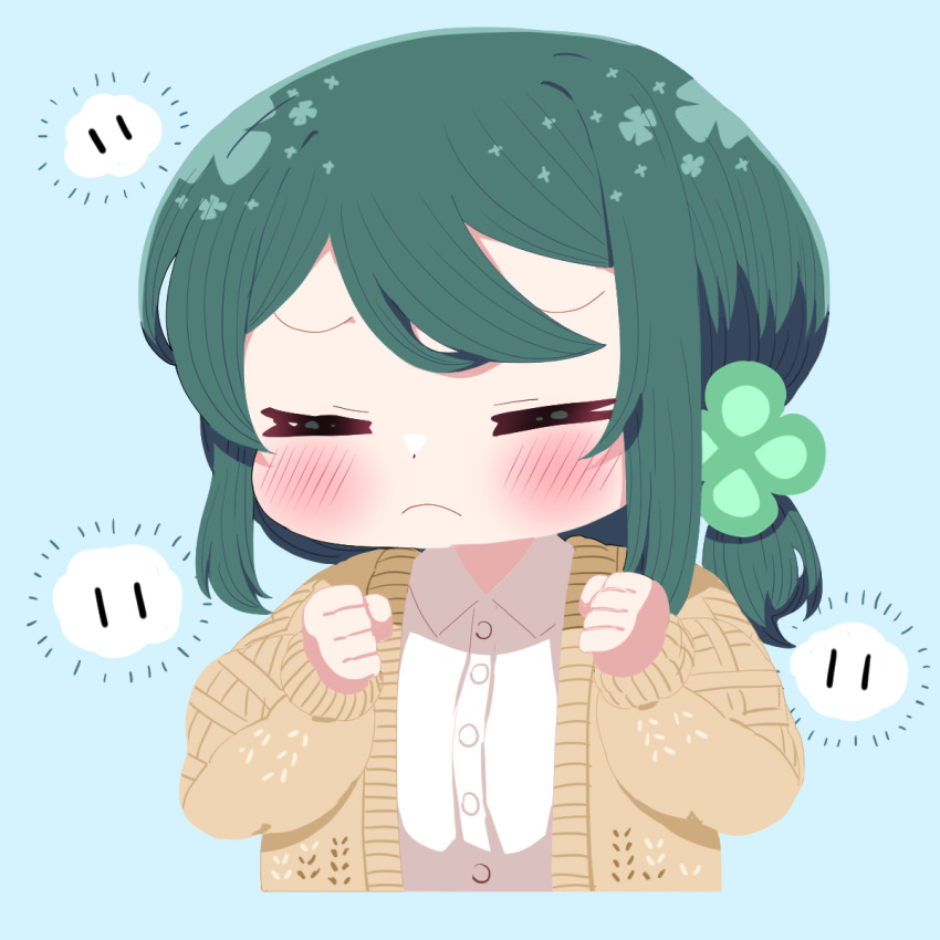 1girl blue_background blush brown_sweater chibi clenched_hands clover_hair_ornament facing_viewer frown green_hair hair_ornament highres indie_virtual_youtuber long_hair long_sleeves shirt simple_background sumi_suya sunao_na_kapipara sweater upper_body virtual_youtuber white_shirt