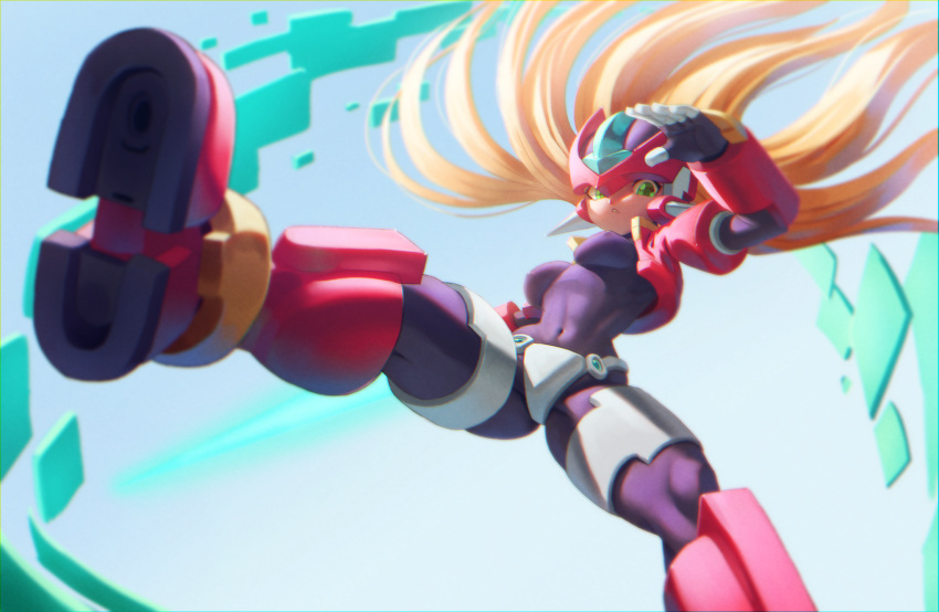 1girl aile_(mega_man_zx) armor black_bodysuit blonde_hair blurry blurry_foreground bodysuit boots breasts covered_navel covered_nipples crotch_plate fins forehead_jewel green_eyes head_fins helmet highres long_hair medium_breasts mega_man_(series) mega_man_zx model_zx_(mega_man) mr_cheesedong power_armor red_footwear red_helmet solo