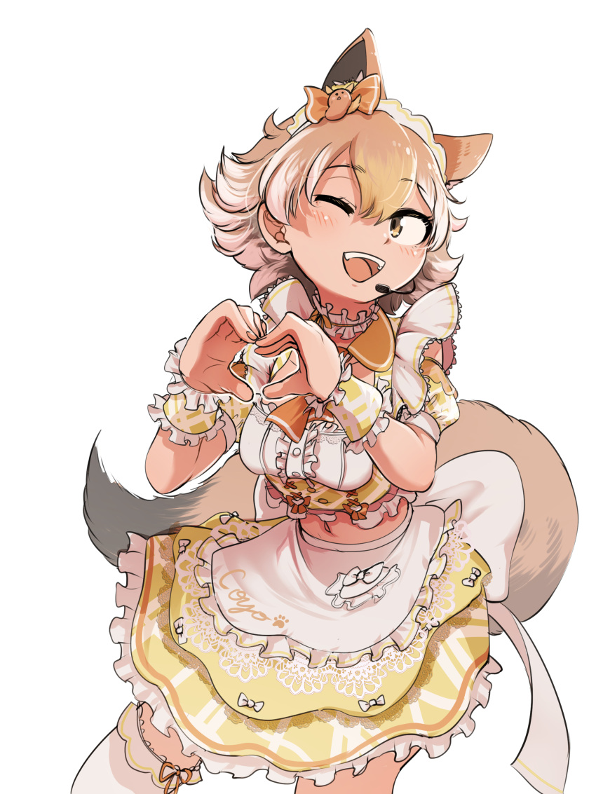 absurdres alternate_costume animal_ears apron asymmetrical_legwear blush bow bowtie center_frills choker coyopotato coyote_(kemono_friends) enmaided extra_ears frilled_choker frilled_cuffs frilled_shirt frilled_skirt frilled_sleeves frills heart heart_hands highres kemono_friends kemono_friends_v_project maid maid_apron maid_headdress mcgunngu microphone midriff multicolored_hair navel one_eye_closed open_mouth plaid plaid_skirt puffy_short_sleeves puffy_sleeves shirt short_hair short_sleeves skirt smile tail thighhighs white_skirt white_thighhighs wolf_ears wolf_girl wolf_tail wrist_cuffs yellow_bow yellow_bowtie yellow_eyes yellow_skirt zettai_ryouiki