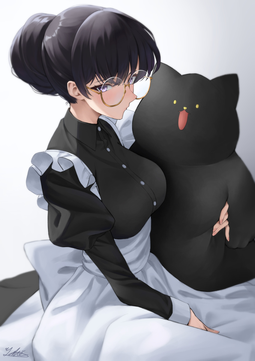 1girl absurdres alternate_costume apron black_dress black_hair dress enmaided hair_bun highres komi-san_wa_komyushou_desu komi_shouko maid maid_apron purple_eyes round_eyewear solo stuffed_animal stuffed_toy white_apron yuhi_(yuhi_atb26)