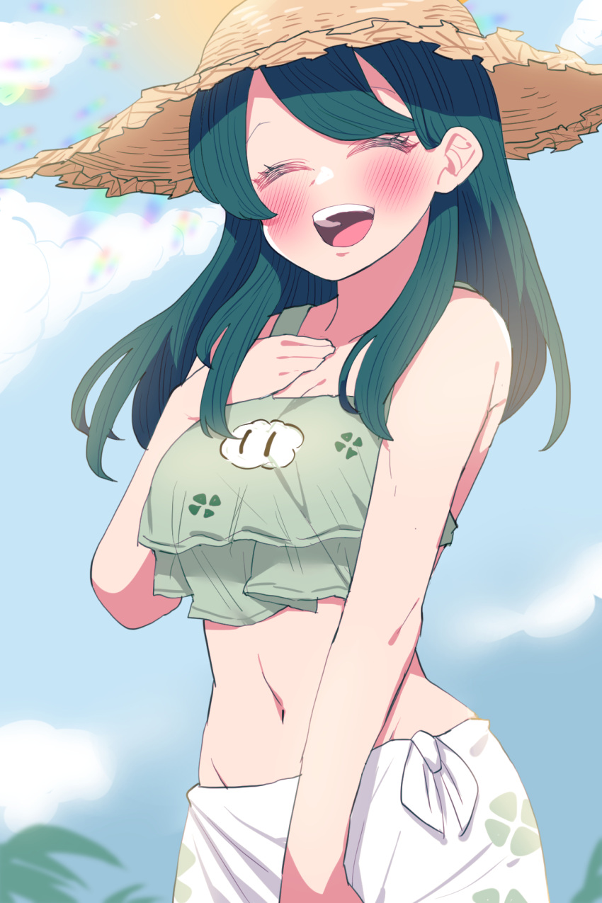 1girl :d blurry blurry_background blush breasts cleavage closed_eyes cloud day facing_viewer hand_up hat highres indie_virtual_youtuber laughing long_hair midriff navel outdoors smile sumi_suya sun sun_hat sunao_na_kapipara virtual_youtuber