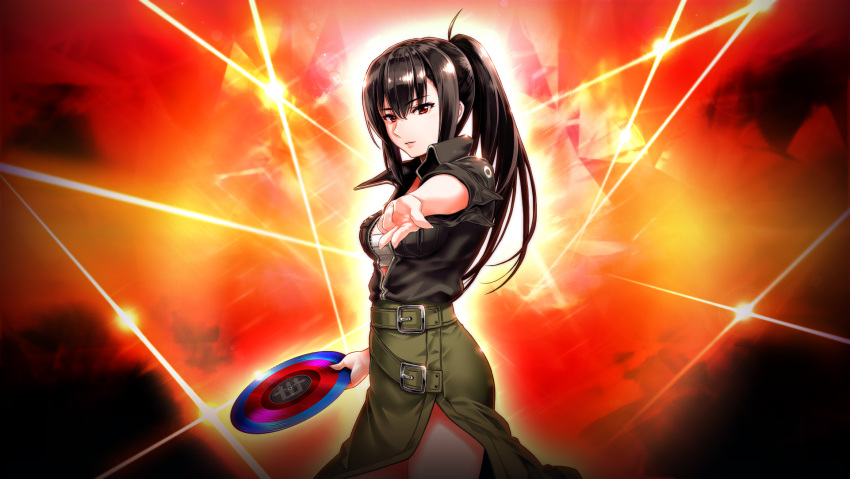 1girl beatmania_iidx black_hair black_jacket breasts chest_sarashi goli_matsumoto green_skirt hair_between_eyes highres holding_record jacket medium_breasts non-web_source official_art parted_lips ponytail reaching reaching_towards_viewer sakura_(beatmania) sarashi skirt solo thighs