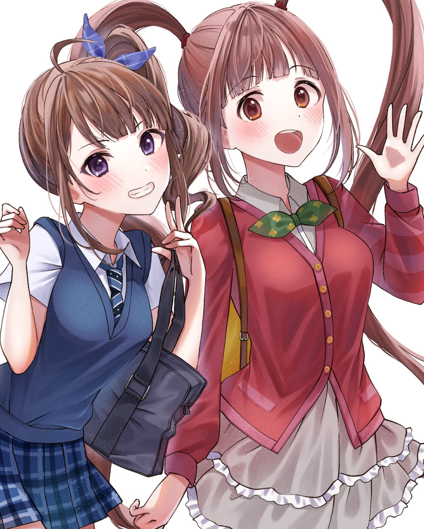 2girls ahoge ayn_(ayn_kau) backpack bag black_bag black_vest blue_ribbon blue_skirt blunt_bangs blush brown_eyes brown_hair cardigan dot_nose dress_shirt drill_hair eyelashes frilled_skirt frills green_ribbon grey_skirt grin hair_ribbon highres idolmaster idolmaster_million_live! idolmaster_million_live!_theater_days long_sleeves looking_at_viewer matsuda_arisa multiple_girls neck_ribbon necktie plaid plaid_skirt pleated_skirt purple_eyes red_cardigan ribbon school_uniform shirt short_sleeves shoulder_bag side_drill sidelocks skirt smile striped_necktie sweater_vest tareme teeth twintails upper_teeth_only v vest waving white_background white_shirt wing_collar yellow_bag yokoyama_nao