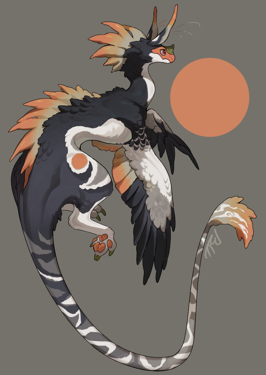 absurdres animal_ears animal_focus beak bird_wings bul_(moiko) claws creature feathered_wings from_side full_body fur-tipped_tail green_nails grey_background highres no_humans original pawpads profile red_eyes signature simple_background solo tail wings