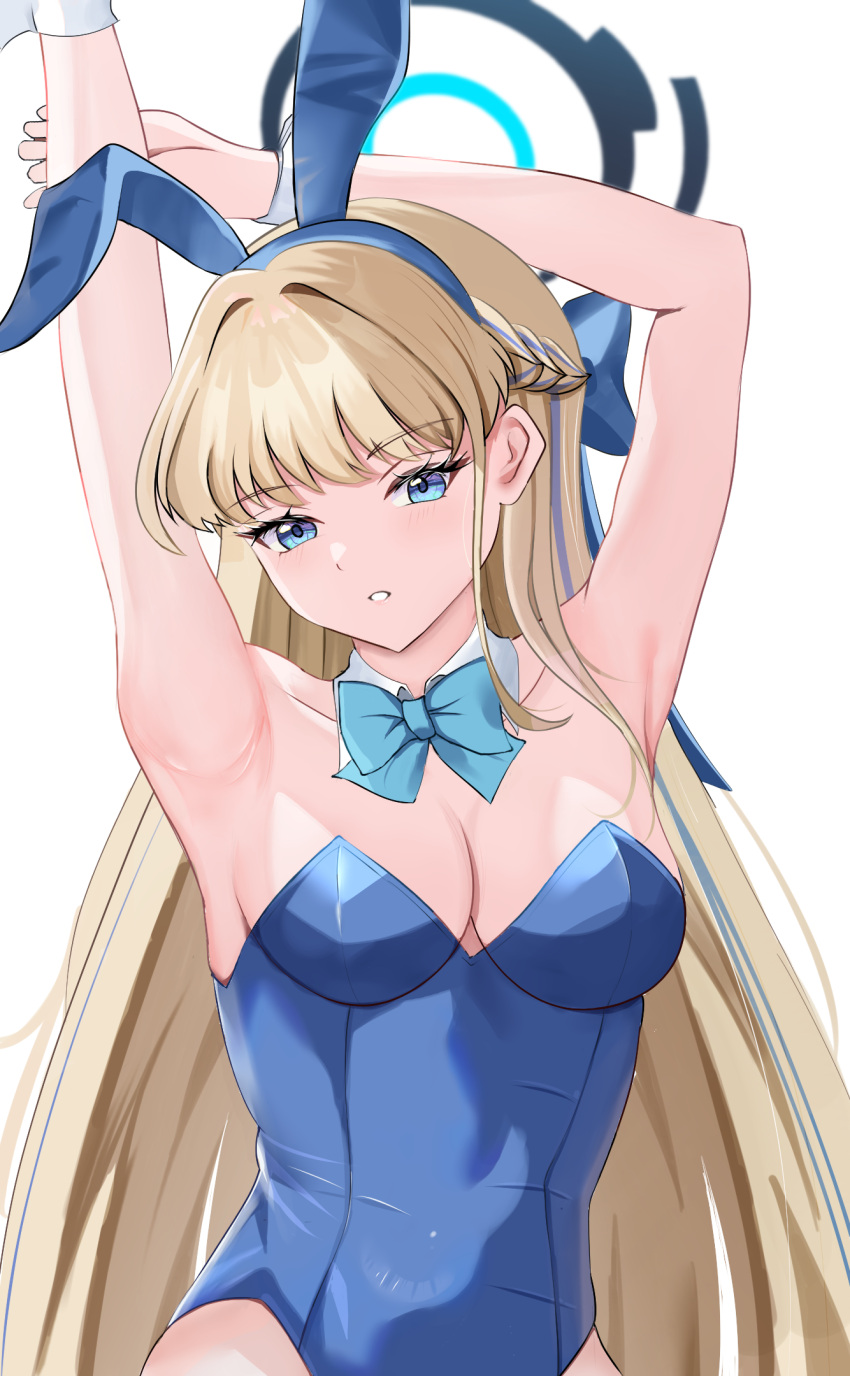 1girl animal_ears armpits arms_up blonde_hair blue_archive blue_bow blue_bowtie blue_eyes blue_hairband blue_halo blue_leotard bow bowtie breasts cleavage detached_collar fake_animal_ears fiftya hairband halo highres holding_own_arm leotard long_hair medium_breasts multicolored_hair official_alternate_costume parted_lips playboy_bunny rabbit_ears simple_background strapless strapless_leotard streaked_hair toki_(blue_archive) toki_(bunny)_(blue_archive) upper_body very_long_hair white_background wrist_cuffs