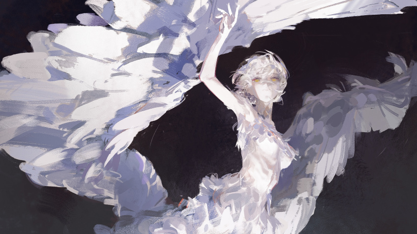 1girl arm_up breasts closed_mouth dino_(dinoartforame) dungeon_meshi expressionless falin_touden falin_touden_(chimera) feathered_wings highres medium_breasts monster_girl short_hair solo white_hair white_wings wings yellow_eyes