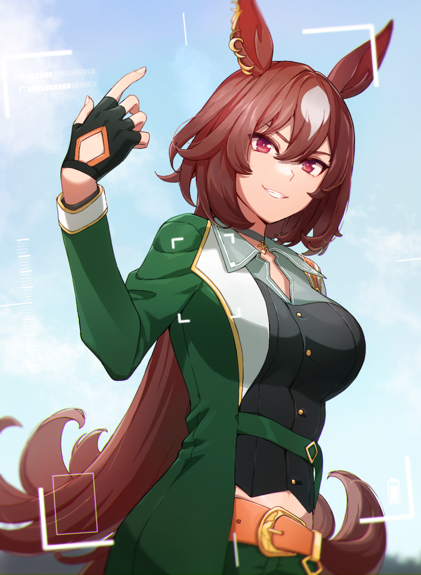 1girl animal_ears belt black_gloves black_shirt blurry breasts brown_hair buttons cloud collared_shirt day depth_of_field fingerless_gloves gloves green_jacket green_pants grin hand_up highres horse_ears horse_girl horse_tail jacket long_hair looking_at_viewer medium_breasts nanaheibei_3 outdoors pants pendant_choker red_eyes shirt sirius_symboli_(umamusume) smile solo tail umamusume upper_body viewfinder