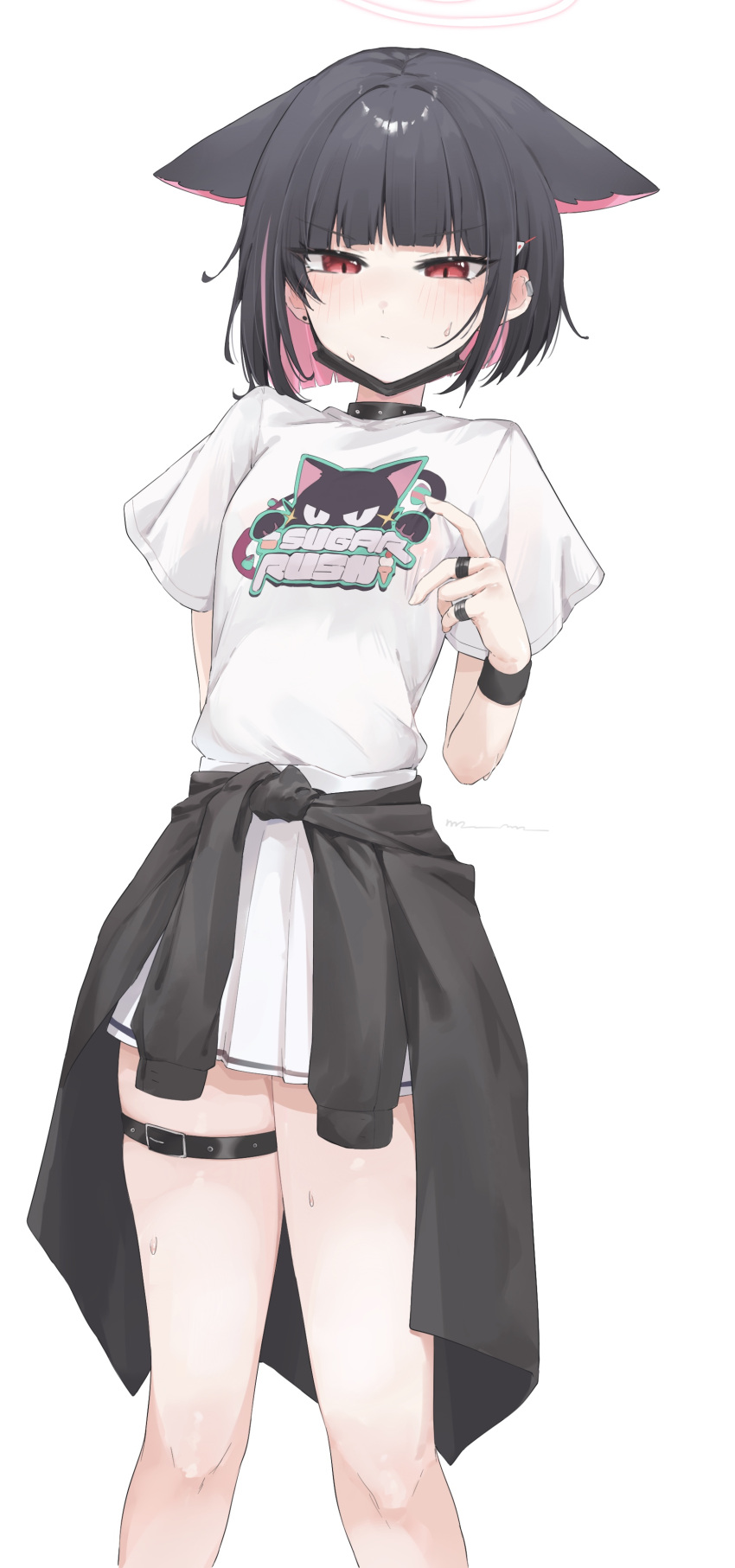 1girl absurdres animal_ears belt black_belt black_choker black_hair black_jacket blue_archive blush cat_ears choker clothes_around_waist extra_ears feet_out_of_frame halo highres jacket jacket_around_waist kazusa_(band)_(blue_archive) kazusa_(blue_archive) looking_at_viewer mz_mz official_alternate_costume pink_halo pleated_skirt red_eyes shirt short_hair short_sleeves simple_background skirt solo thigh_belt thigh_strap white_background white_shirt white_skirt