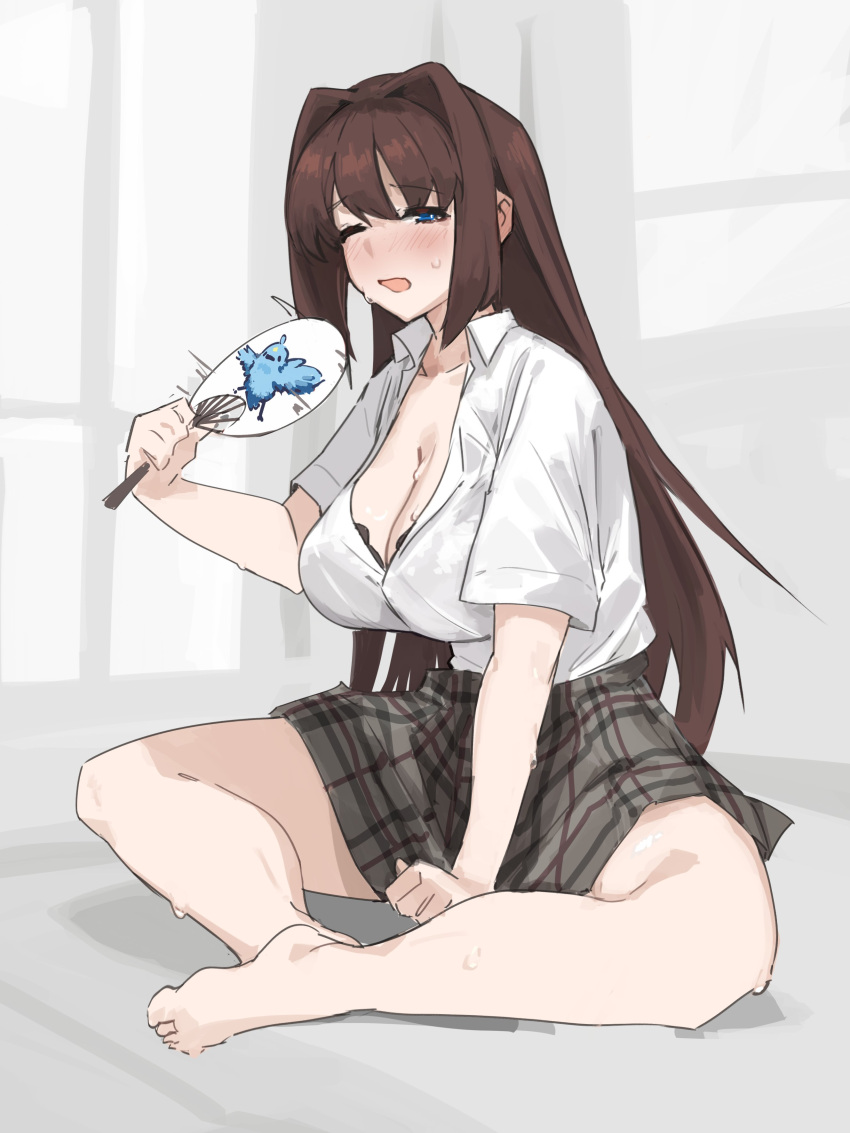 1girl absurdres aozaki_aoko barefoot black_bra blue_eyes bra bra_peek breasts brown_hair cleavage collarbone collared_shirt english_commentary fanning_self grey_skirt hair_intakes hand_fan highres hot indian_style jonyeld large_breasts long_hair looking_at_viewer mahou_tsukai_no_yoru one_eye_closed open_mouth plaid plaid_skirt shirt shirt_tucked_in short_sleeves sitting skirt solo sweat underwear white_shirt