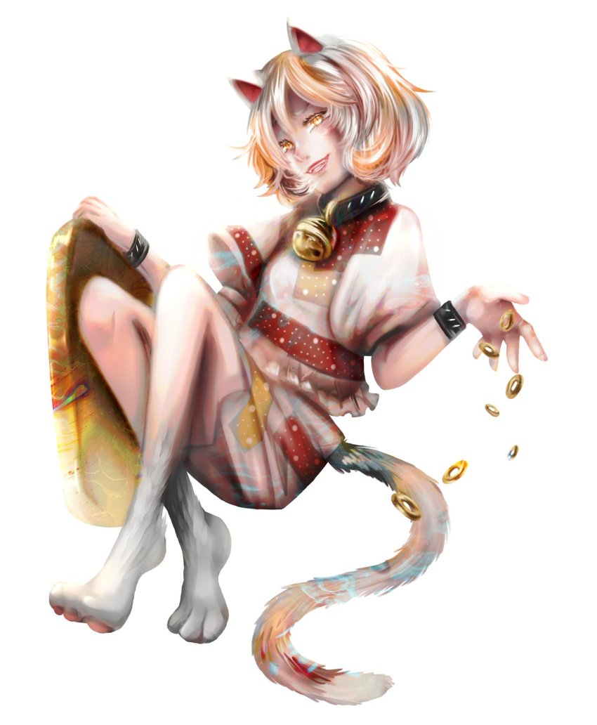 1girl animal_collar animal_ears animal_feet bad_id bad_twitter_id bare_legs barefoot bell black_collar black_wrist_cuffs cat_ears cat_tail coin collar commentary crossed_legs dropping english_commentary eyelashes fangs frilled_shirt frills full_body gold_coin goutokuji_mike highres holding holed_coin luo_qiangwei multicolored_hair neck_bell open_mouth orange_hair patchwork_clothes pawpads puffy_short_sleeves puffy_sleeves red_lips shirt short_hair short_sleeves shorts simple_background sitting smile solo tail teeth touhou two-tone_hair upper_teeth_only v-shaped_eyebrows white_background white_hair white_shirt white_shorts white_sleeves wrist_cuffs yellow_eyes