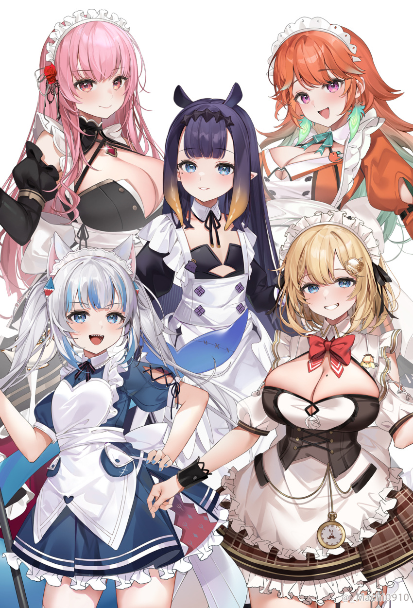 5girls alternate_costume animal_ears apron blonde_hair blue_eyes blue_hair blue_nails bow bowtie breasts cat_ears dress enmaided flat_chest flower frills grin hair_flower hair_ornament highres hololive hololive_english holomyth kotori_(takanashi_kiara) large_breasts long_hair looking_at_viewer machi_(7769) maid maid_apron maid_day maid_headdress mole mole_on_breast mole_under_eye multiple_girls neck_ribbon orange_hair pink_eyes pink_hair pocket_watch puffy_short_sleeves puffy_sleeves purple_eyes purple_hair ribbon sharp_teeth short_hair short_sleeves simple_background smile teeth very_long_hair virtual_youtuber watch white_background white_hair