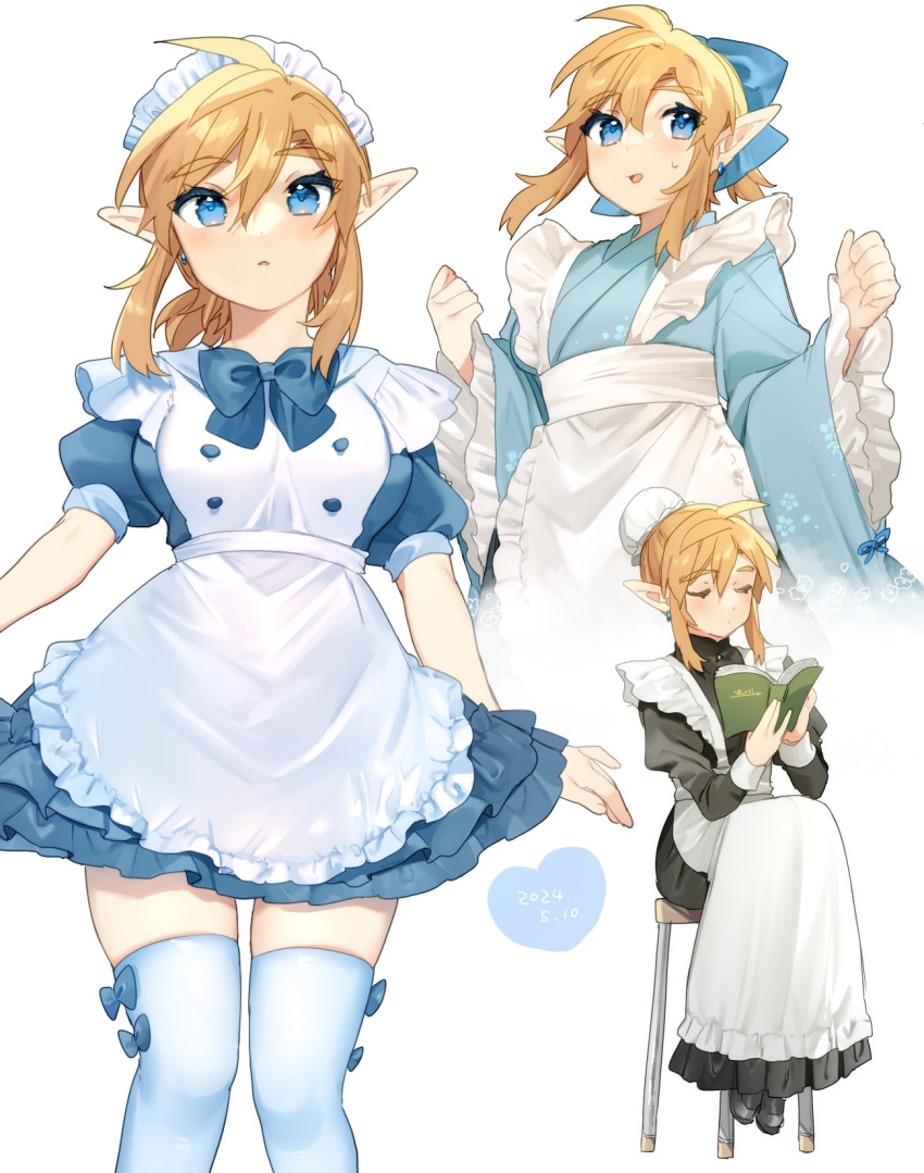 1girl :d ahoge apron black_dress blonde_hair blue_bow blue_bowtie blush book bow bowtie breasts bun_cover chair dress genderswap genderswap_(mtf) grey_thighhighs hair_between_eyes hair_bow heart highres holding holding_book large_breasts link maid_apron maid_headdress medium_hair multiple_views open_book pointy_ears sitting smile the_legend_of_zelda the_legend_of_zelda:_breath_of_the_wild thighhighs ttanuu. white_background zettai_ryouiki