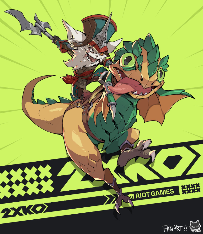 1boy black_pants blind_eye copyright_name dinosaur fangs green_hat hat heterochromia highres holding holding_polearm holding_weapon kled league_of_legends long_tongue male_focus pants polearm red_hat riding riot_games scar scar_across_eye skaarl smile teeth tongue tongue_out tuxedo_de_cat weapon yordle