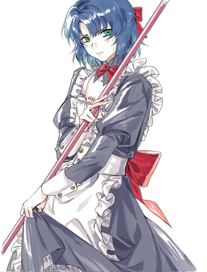 1boy apron athrun_zala blue_hair blush broom crossdressing dress green_eyes gundam gundam_seed gundam_seed_destiny gundam_seed_freedom highres kangjini0248 long_sleeves maid maid_apron male_focus red_ribbon ribbon short_hair solo